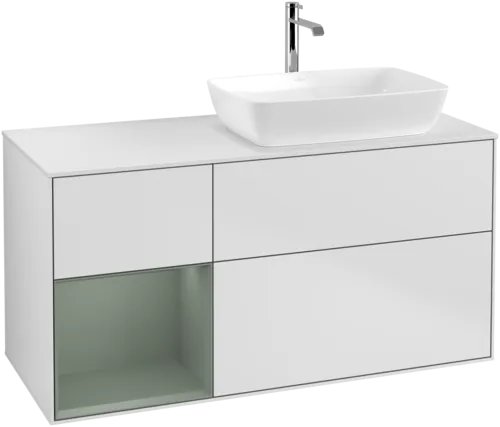 VILLEROY BOCH Toaletní skříňka Finion, s osvětlením, 3 výsuvy, 1200 x 603 x 501 mm, bílý matný lak / olivový matný lak / sklo bílé matné #F801GMMT, obrázek 1