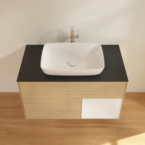 VILLEROY BOCH Toaletní skříňka Finion, s osvětlením, 2 výsuvy, 1000 x 603 x 501 mm, dubová dýha / lesklý bílý lak / černé matné sklo #F782GFPC, obrázek 4