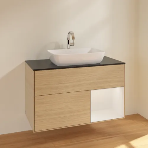 VILLEROY BOCH Toaletní skříňka Finion, s osvětlením, 2 výsuvy, 1000 x 603 x 501 mm, dubová dýha / lesklý bílý lak / černé matné sklo #F782GFPC, obrázek 2
