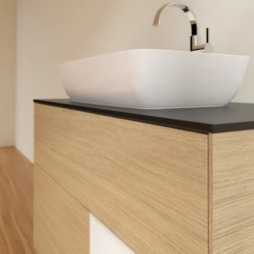 VILLEROY BOCH Toaletní skříňka Finion, s osvětlením, 2 výsuvy, 1000 x 603 x 501 mm, dubová dýha / lesklý bílý lak / černé matné sklo #F782GFPC, obrázek 6