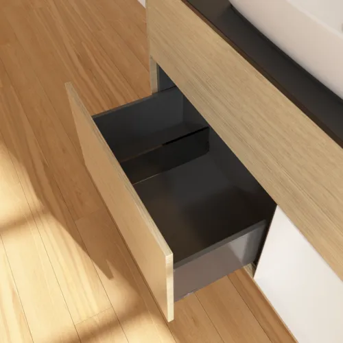 VILLEROY BOCH Toaletní skříňka Finion, s osvětlením, 2 výsuvy, 1000 x 603 x 501 mm, dubová dýha / lesklý bílý lak / černé matné sklo #F782GFPC, obrázek 7