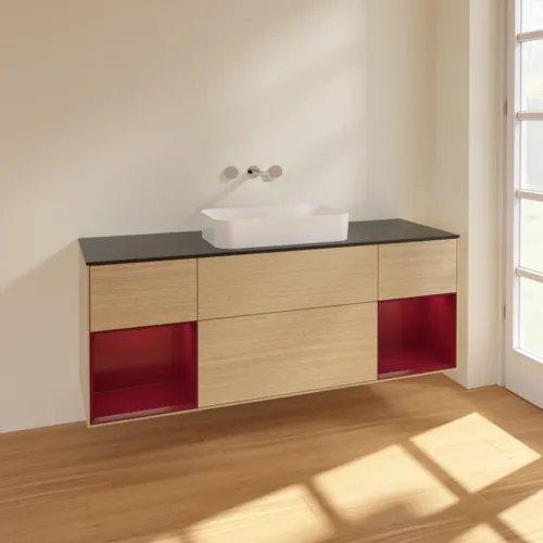 VILLEROY BOCH Toaletní skříňka Finion, s osvětlením, 4 výsuvy, 1600 x 603 x 501 mm, dubová dýha / matný lak Pivoňka / matné černé sklo #F742HBPC, obrázek 2