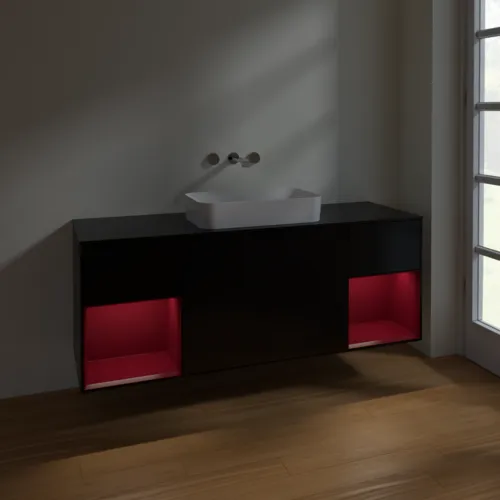 VILLEROY BOCH Toaletní skříňka Finion, s osvětlením, 4 výsuvy, 1600 x 603 x 501 mm, černý matný lak / pivoňkový matný lak / černé matné sklo #F742HBPD, obrázek 5