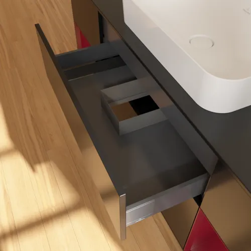 VILLEROY BOCH Toaletní skříňka Finion, s osvětlením, 4 výsuvy, 1600 x 603 x 501 mm, černý matný lak / pivoňkový matný lak / černé matné sklo #F742HBPD, obrázek 8