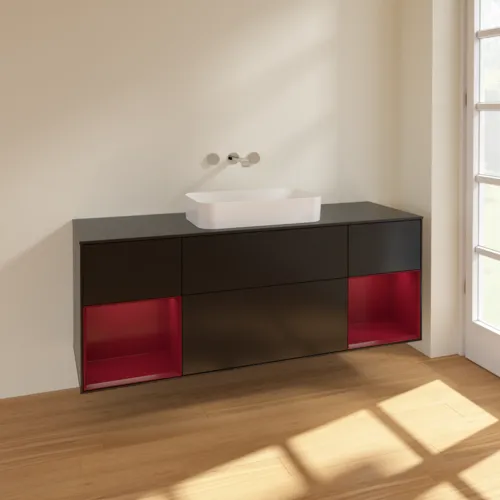 VILLEROY BOCH Toaletní skříňka Finion, s osvětlením, 4 výsuvy, 1600 x 603 x 501 mm, černý matný lak / pivoňkový matný lak / černé matné sklo #F742HBPD, obrázek 2
