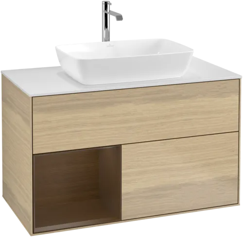 VILLEROY BOCH Umyvadlová skříňka Finion, s osvětlením, 2 výsuvy, 1000 x 603 x 501 mm, dubová dýha / ořechová dýha / sklo bílé matné #F771GNPC
