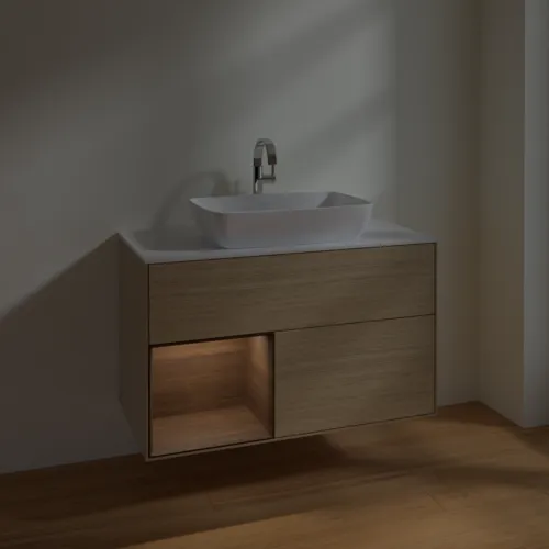 VILLEROY BOCH Umyvadlová skříňka Finion, s osvětlením, 2 výsuvy, 1000 x 603 x 501 mm, dubová dýha / ořechová dýha / sklo bílé matné #F771GNPC, obrázek 5