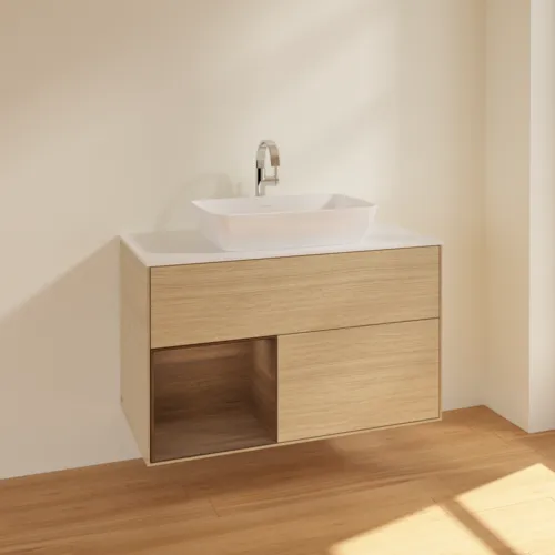 VILLEROY BOCH Umyvadlová skříňka Finion, s osvětlením, 2 výsuvy, 1000 x 603 x 501 mm, dubová dýha / ořechová dýha / sklo bílé matné #F771GNPC, obrázek 2
