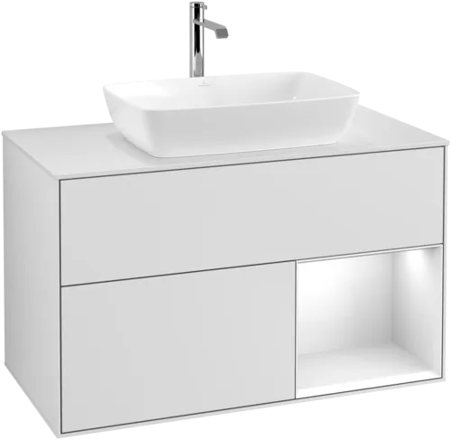 VILLEROY BOCH Umyvadlová skříňka Finion, s osvětlením, 2 výsuvy, 1000 x 603 x 501 mm, bílý matný lak / bílý lesklý lak / bílé matné sklo #F781GFMT, obrázek 1
