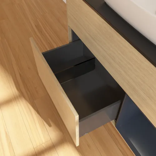 VILLEROY BOCH Toaletní skříňka Finion, s osvětlením, 2 výsuvy, 1000 x 603 x 501 mm, dubová dýha / půlnočně modrý matný lak / černé matné sklo #F782HGPC, obrázek 7
