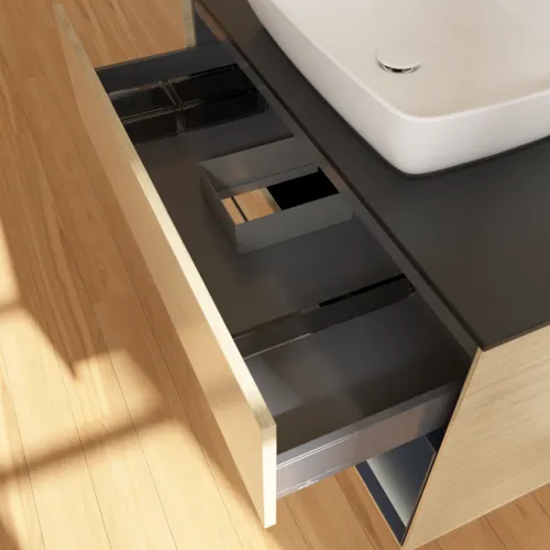 VILLEROY BOCH Toaletní skříňka Finion, s osvětlením, 2 výsuvy, 1000 x 603 x 501 mm, dubová dýha / půlnočně modrý matný lak / černé matné sklo #F782HGPC, obrázek 8