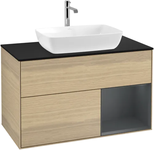 VILLEROY BOCH Toaletní skříňka Finion, s osvětlením, 2 výsuvy, 1000 x 603 x 501 mm, dubová dýha / půlnočně modrý matný lak / černé matné sklo #F782HGPC