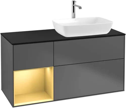 VILLEROY BOCH Toaletní skříňka Finion, s osvětlením, 3 výsuvy, 1200 x 603 x 501 mm, antracit matný lak / zlatý matný lak / černé matné sklo #F802HFGK