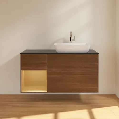 VILLEROY BOCH Toaletní skříňka Finion, s osvětlením, 3 výsuvy, 1200 x 603 x 501 mm, ořechová dýha / zlatý matný lak / černé matné sklo #F802HFGN, obrázek 2