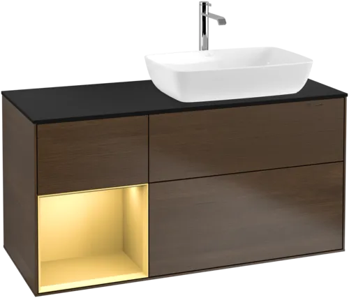 VILLEROY BOCH Toaletní skříňka Finion, s osvětlením, 3 výsuvy, 1200 x 603 x 501 mm, ořechová dýha / zlatý matný lak / černé matné sklo #F802HFGN, obrázek 1