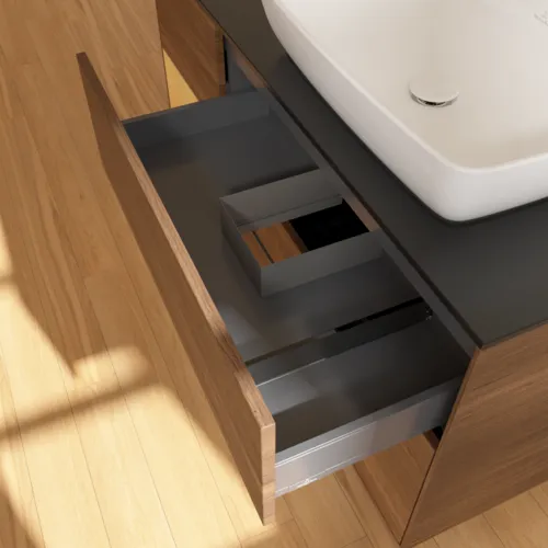 VILLEROY BOCH Toaletní skříňka Finion, s osvětlením, 3 výsuvy, 1200 x 603 x 501 mm, ořechová dýha / zlatý matný lak / černé matné sklo #F802HFGN, obrázek 4