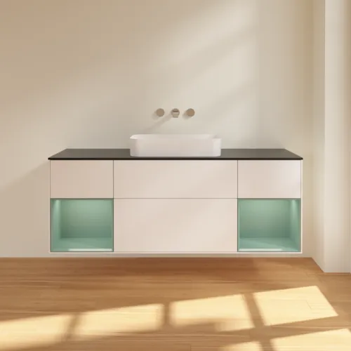 VILLEROY BOCH Toaletní skříňka Finion, s osvětlením, 4 výsuvy, 1600 x 603 x 501 mm, bílý matný lak / olivový matný lak / černé matné sklo #F742GMMT, obrázek 3