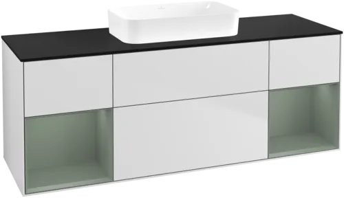 VILLEROY BOCH Toaletní skříňka Finion, s osvětlením, 4 výsuvy, 1600 x 603 x 501 mm, bílý matný lak / olivový matný lak / černé matné sklo #F742GMMT