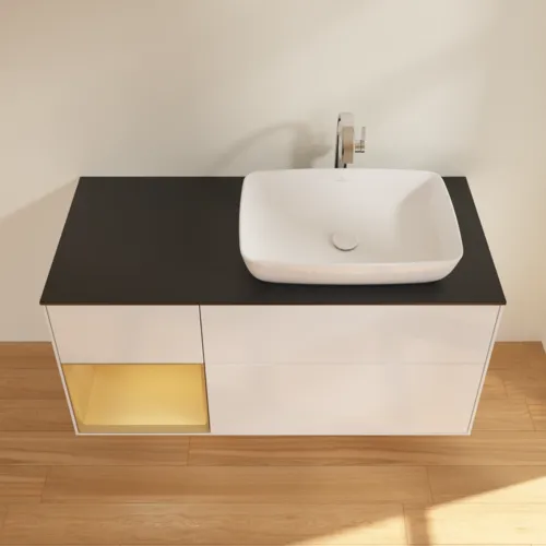VILLEROY BOCH Toaletní skříňka Finion, s osvětlením, 3 výsuvy, 1200 x 603 x 501 mm, lesklý bílý lak / zlatý matný lak / černé matné sklo #F802HFGF, obrázek 4