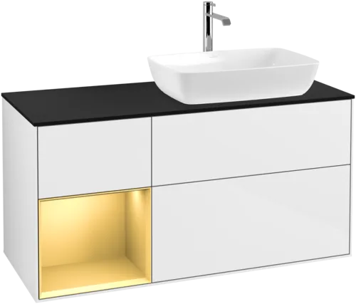 VILLEROY BOCH Toaletní skříňka Finion, s osvětlením, 3 výsuvy, 1200 x 603 x 501 mm, lesklý bílý lak / zlatý matný lak / černé matné sklo #F802HFGF, obrázek 1