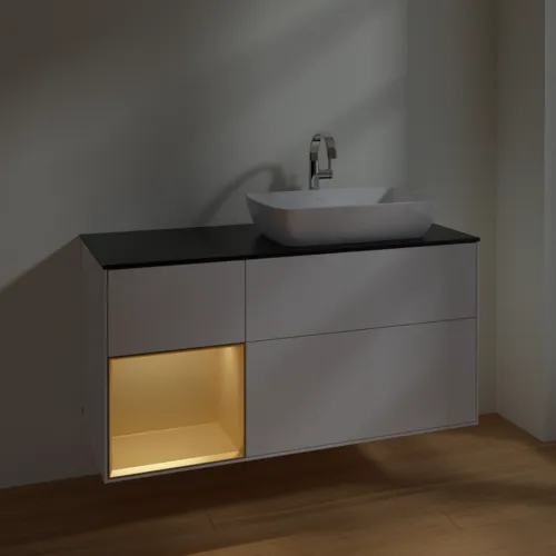 VILLEROY BOCH Toaletní skříňka Finion, s osvětlením, 3 výsuvy, 1200 x 603 x 501 mm, lesklý bílý lak / zlatý matný lak / černé matné sklo #F802HFGF, obrázek 5