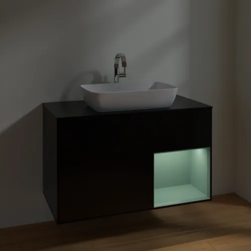 VILLEROY BOCH Toaletní skříňka Finion, s osvětlením, 2 výsuvy, 1000 x 603 x 501 mm, černý matný lak / olivový matný lak / černé matné sklo #F782GMPD, obrázek 5