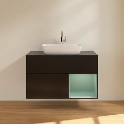 VILLEROY BOCH Toaletní skříňka Finion, s osvětlením, 2 výsuvy, 1000 x 603 x 501 mm, černý matný lak / olivový matný lak / černé matné sklo #F782GMPD, obrázek 3