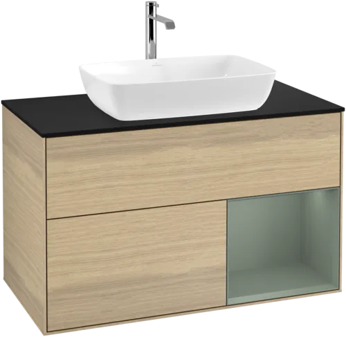 VILLEROY BOCH Toaletní skříňka Finion, s osvětlením, 2 výsuvy, 1000 x 603 x 501 mm, dubová dýha / olivově matný lak / sklo černé matné #F782GMPC