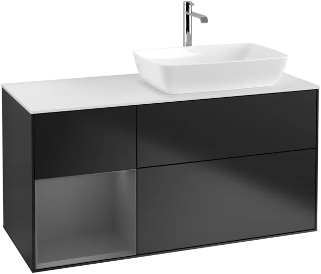 VILLEROY BOCH Toaletní skříňka Finion, s osvětlením, 3 výsuvy, 1200 x 603 x 501 mm, černý matný lak / antracitový matný lak / bílé matné sklo #F801GKPD, obrázek 1