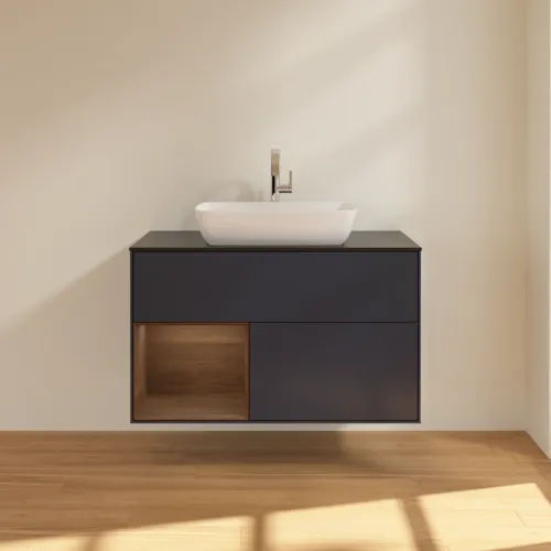 VILLEROY BOCH Toaletní skříňka Finion, s osvětlením, 2 výsuvy, 1000 x 603 x 501 mm, půlnočně modrý matný lak / ořechová dýha / černé matné sklo #F772GNHG, obrázek 3