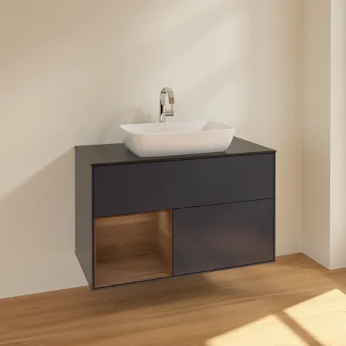 VILLEROY BOCH Toaletní skříňka Finion, s osvětlením, 2 výsuvy, 1000 x 603 x 501 mm, půlnočně modrý matný lak / ořechová dýha / černé matné sklo #F772GNHG, obrázek 2