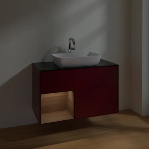 VILLEROY BOCH Toaletní stolek Finion, s osvětlením, 2 výsuvy, 1000 x 603 x 501 mm, matný lak Peony / ořechová dýha / černé matné sklo #F772GNHB, obrázek 5