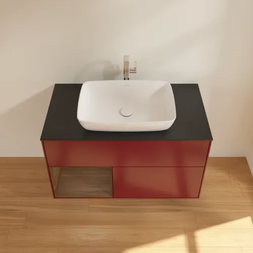 VILLEROY BOCH Toaletní stolek Finion, s osvětlením, 2 výsuvy, 1000 x 603 x 501 mm, matný lak Peony / ořechová dýha / černé matné sklo #F772GNHB, obrázek 4