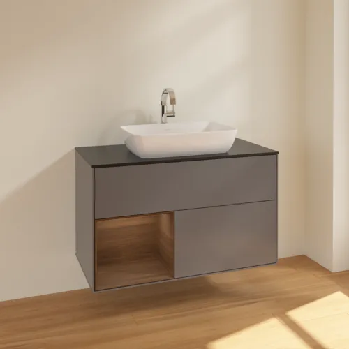 VILLEROY BOCH Toaletní skříňka Finion, s osvětlením, 2 výsuvy, 1000 x 603 x 501 mm, antracitový matný lak / ořechová dýha / černé matné sklo #F772GNGK, obrázek 2