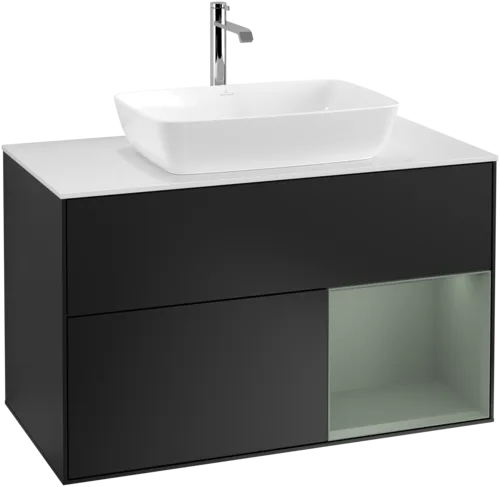 VILLEROY BOCH Toaletní skříňka Finion, s osvětlením, 2 výsuvy, 1000 x 603 x 501 mm, černý matný lak / olivový matný lak / bílé matné sklo #F781GMPD, obrázek 1