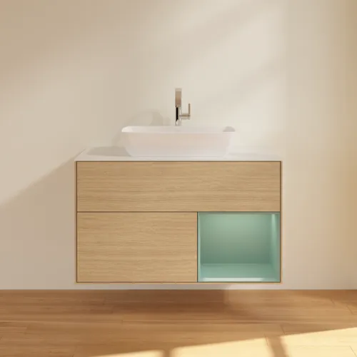 VILLEROY BOCH Toaletní skříňka Finion, s osvětlením, 2 výsuvy, 1000 x 603 x 501 mm, dubová dýha / olivový matný lak / sklo bílé matné #F781GMPC, obrázek 3