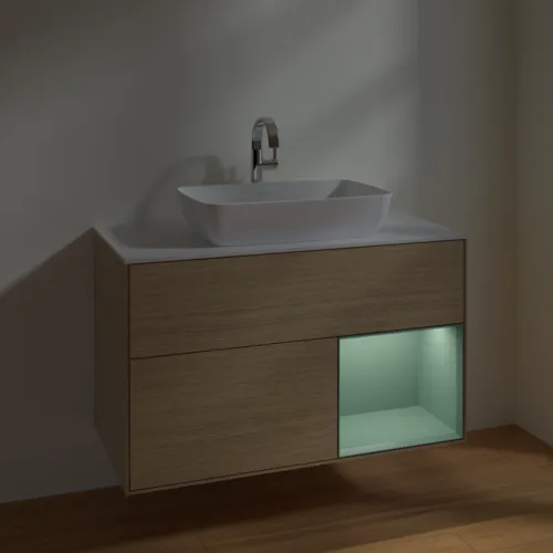 VILLEROY BOCH Toaletní skříňka Finion, s osvětlením, 2 výsuvy, 1000 x 603 x 501 mm, dubová dýha / olivový matný lak / sklo bílé matné #F781GMPC, obrázek 5