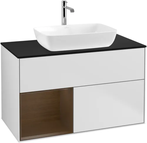 VILLEROY BOCH Toaletní skříňka Finion, s osvětlením, 2 výsuvy, 1000 x 603 x 501 mm, bílý matný lak / ořechová dýha / černé matné sklo #F772GNMT, obrázek 1