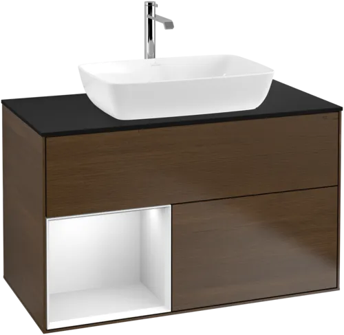 VILLEROY BOCH Toaletní skříňka Finion, s osvětlením, 2 výsuvy, 1000 x 603 x 501 mm, ořechová dýha / bílý matný lak / černé matné sklo #F772MTGN