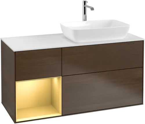VILLEROY BOCH Toaletní skříňka Finion, s osvětlením, 3 výsuvy, 1200 x 603 x 501 mm, ořechová dýha / zlatý matný lak / sklo bílé matné #F801HFGN, obrázek 1