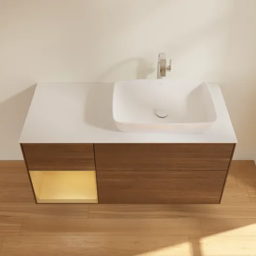 VILLEROY BOCH Toaletní skříňka Finion, s osvětlením, 3 výsuvy, 1200 x 603 x 501 mm, ořechová dýha / zlatý matný lak / sklo bílé matné #F801HFGN, obrázek 4