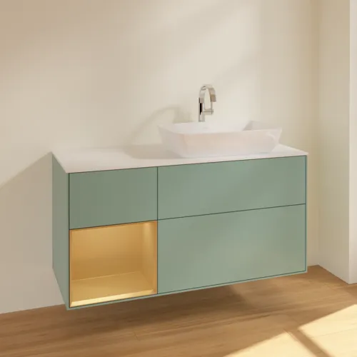 VILLEROY BOCH Toaletní skříňka Finion, s osvětlením, 3 výsuvy, 1200 x 603 x 501 mm, olivový matný lak / zlatý matný lak / bílé matné sklo #F801HFGM, obrázek 2