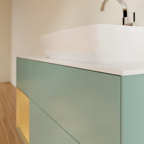 VILLEROY BOCH Toaletní skříňka Finion, s osvětlením, 3 výsuvy, 1200 x 603 x 501 mm, olivový matný lak / zlatý matný lak / bílé matné sklo #F801HFGM, obrázek 4