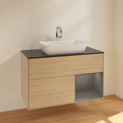 VILLEROY BOCH Toaletní skříňka Finion, s osvětlením, 2 výsuvy, 1000 x 603 x 501 mm, dubová dýha / antracitový matný lak / černé matné sklo #F782GKPC, obrázek 2