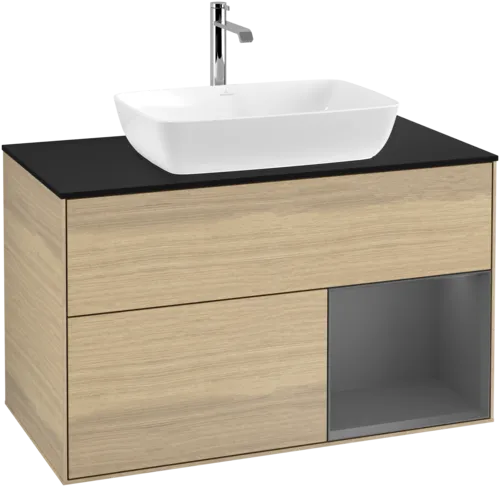 VILLEROY BOCH Toaletní skříňka Finion, s osvětlením, 2 výsuvy, 1000 x 603 x 501 mm, dubová dýha / antracitový matný lak / černé matné sklo #F782GKPC, obrázek 1