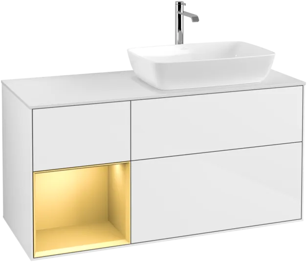 VILLEROY BOCH Toaletní skříňka Finion, s osvětlením, 3 výsuvy, 1200 x 603 x 501 mm, lesklý bílý lak / zlatý matný lak / bílé matné sklo #F801HFGF, obrázek 1