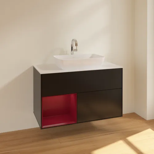 VILLEROY BOCH Toaletní skříňka Finion, s osvětlením, 2 výsuvy, 1000 x 603 x 501 mm, černý matný lak / pivoňkový matný lak / bílé matné sklo #F771HBPD, obrázek 2