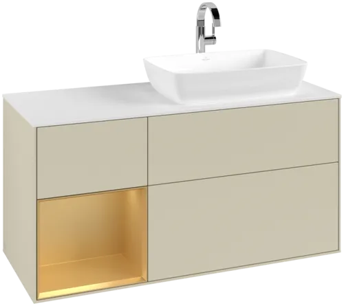 VILLEROY BOCH Toaletní skříňka Finion, s osvětlením, 3 výsuvy, 1200 x 603 x 501 mm, Silk Grey Matt Lacquer / Gold Matt Lacquer / Glass White Matt #F801HFHJ