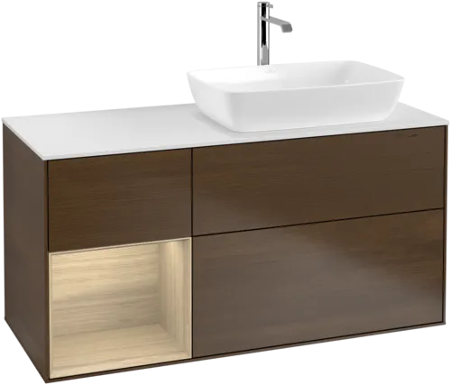 VILLEROY BOCH Toaletní skříňka Finion, s osvětlením, 3 výsuvy, 1200 x 603 x 501 mm, ořechová dýha / dubová dýha / sklo bílé matné #F801PCGN, obrázek 1