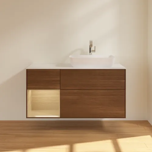 VILLEROY BOCH Toaletní skříňka Finion, s osvětlením, 3 výsuvy, 1200 x 603 x 501 mm, ořechová dýha / dubová dýha / sklo bílé matné #F801PCGN, obrázek 2